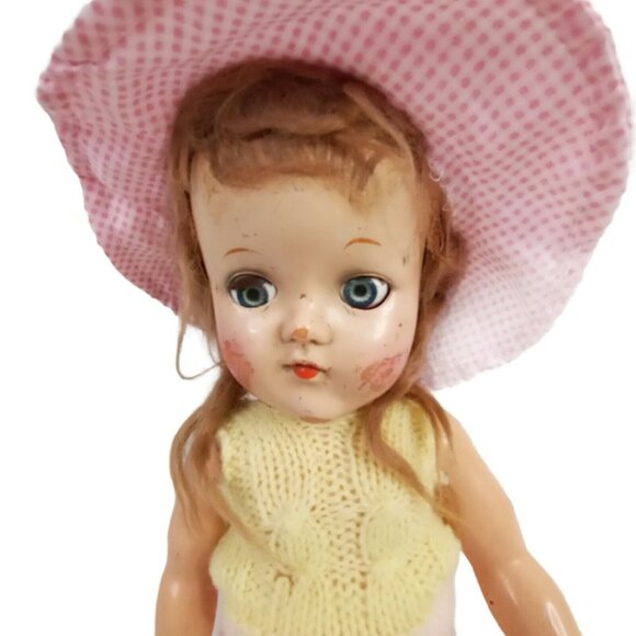 Vintage 1950s Hard Plastic Doll With Pink Hat & Dress 10" Collectible - Picture 2 of 8